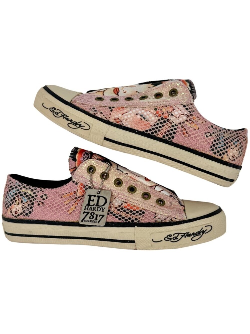 VTG Ed Hardy Pink Canvas Tattoo Graphic Sneakers | Y2K Streetwear Grunge Skater - Picture 2 of 16